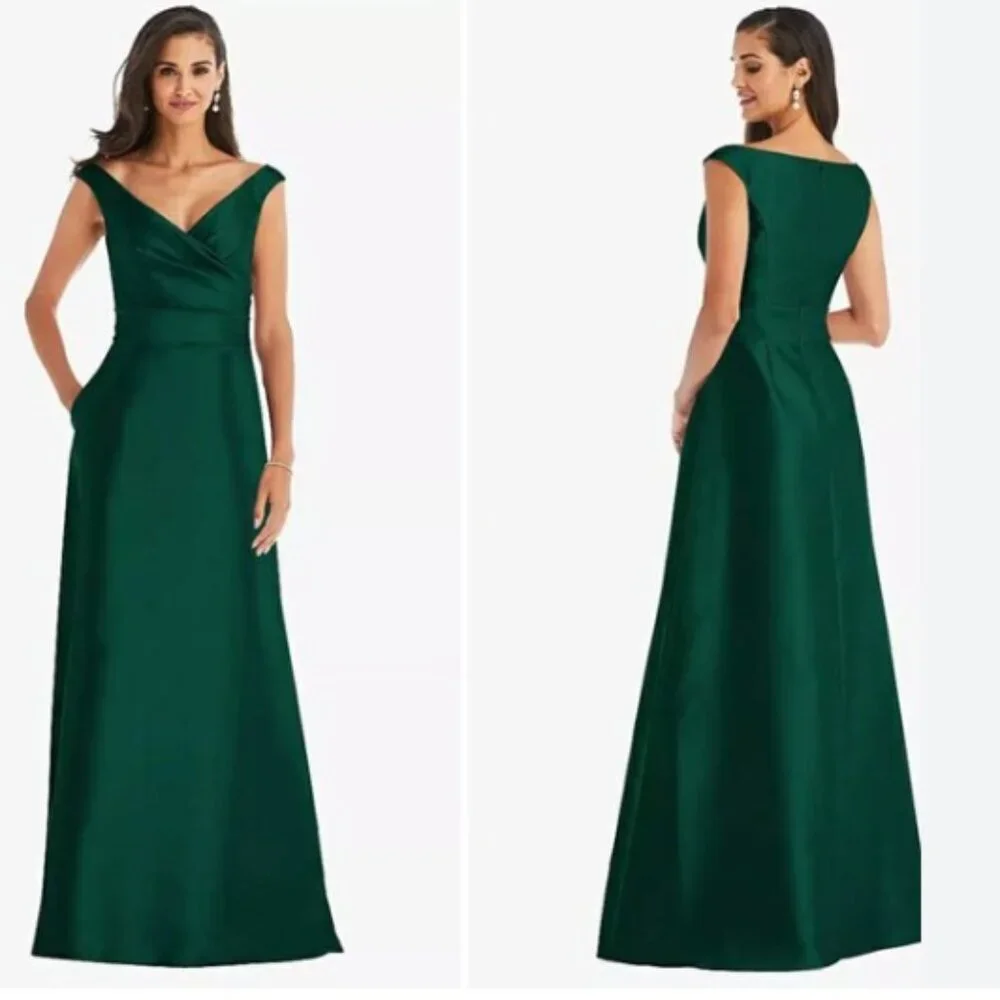 Alfred Sung Off-the-Shoulder Draped Wrap Satin Maxi Dress Hunter Green, size 14 - Picture 1 of 13